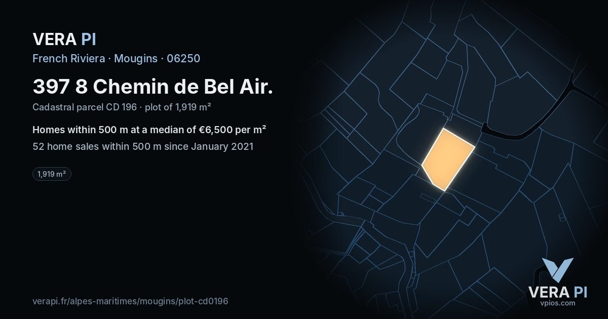 397 8 Chemin de Bel Air, Mougins at night – the plot lit, the parcels around coloured by the prices near them