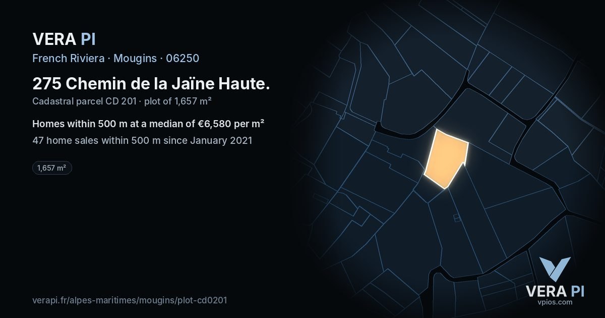 275 Chemin de la Jaïne Haute, Mougins at night – the plot lit, the parcels around coloured by the prices near them