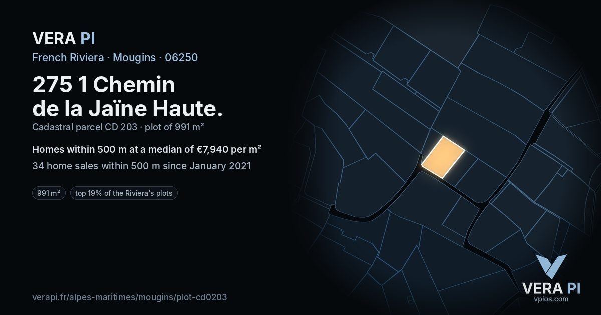 275 1 Chemin de la Jaïne Haute, Mougins at night – the plot lit, the parcels around coloured by the prices near them