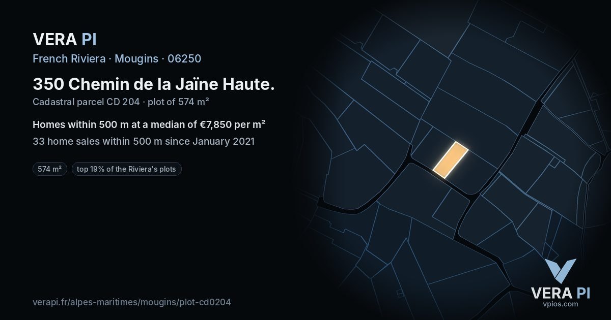 350 Chemin de la Jaïne Haute, Mougins at night – the plot lit, the parcels around coloured by the prices near them