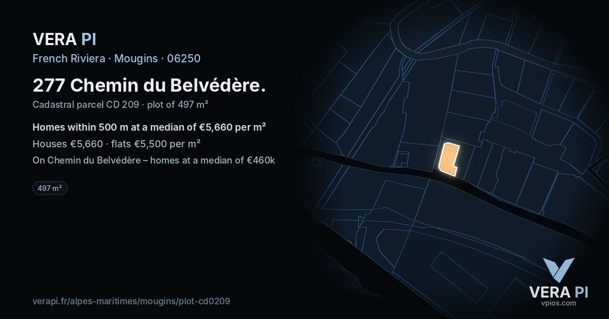 277 Chemin du Belvédère, Mougins at night – the plot lit, the parcels around coloured by the prices near them