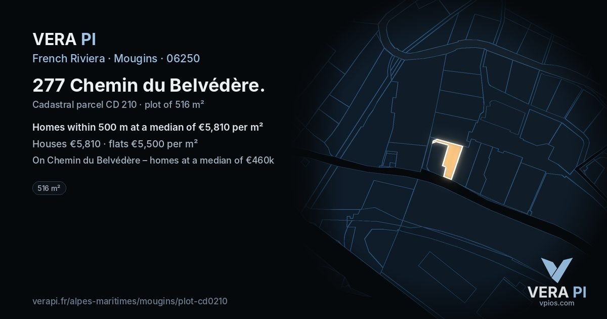 277 Chemin du Belvédère, Mougins at night – the plot lit, the parcels around coloured by the prices near them