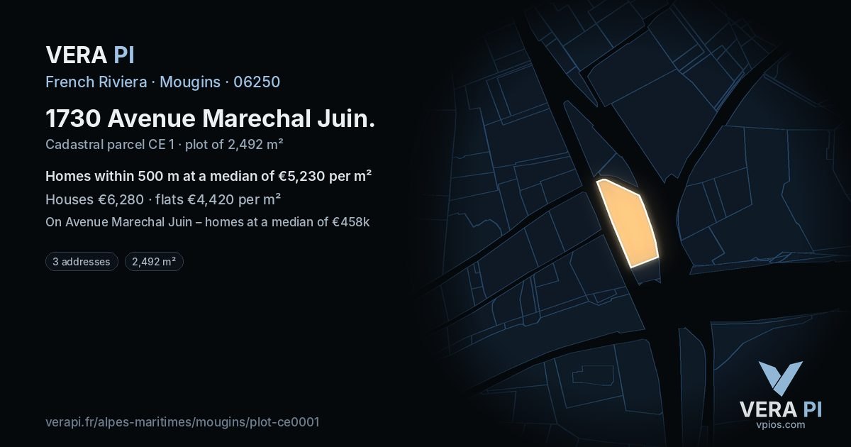 1730 Avenue Marechal Juin, Mougins at night – the plot lit, the parcels around coloured by the prices near them