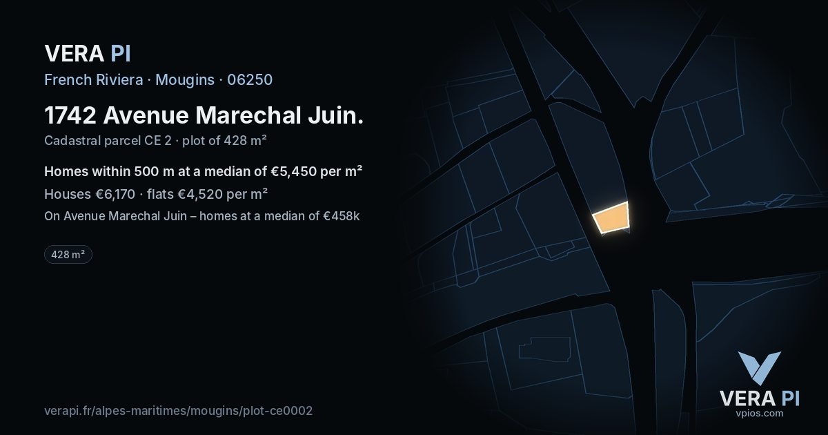 1742 Avenue Marechal Juin, Mougins at night – the plot lit, the parcels around coloured by the prices near them