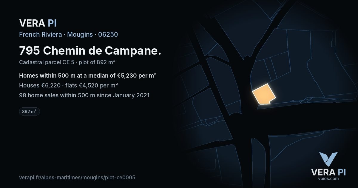 795 Chemin de Campane, Mougins at night – the plot lit, the parcels around coloured by the prices near them