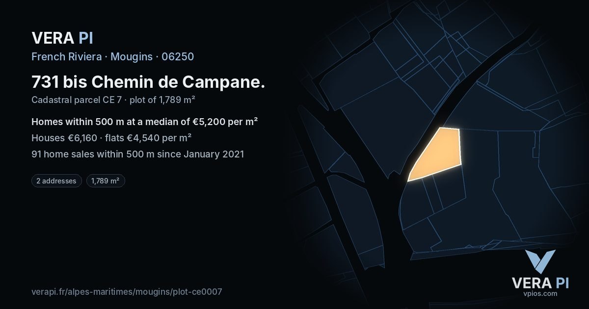 731 bis Chemin de Campane, Mougins at night – the plot lit, the parcels around coloured by the prices near them