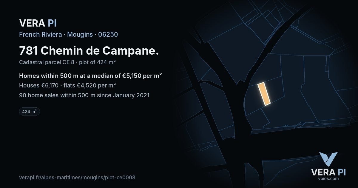 781 Chemin de Campane, Mougins at night – the plot lit, the parcels around coloured by the prices near them
