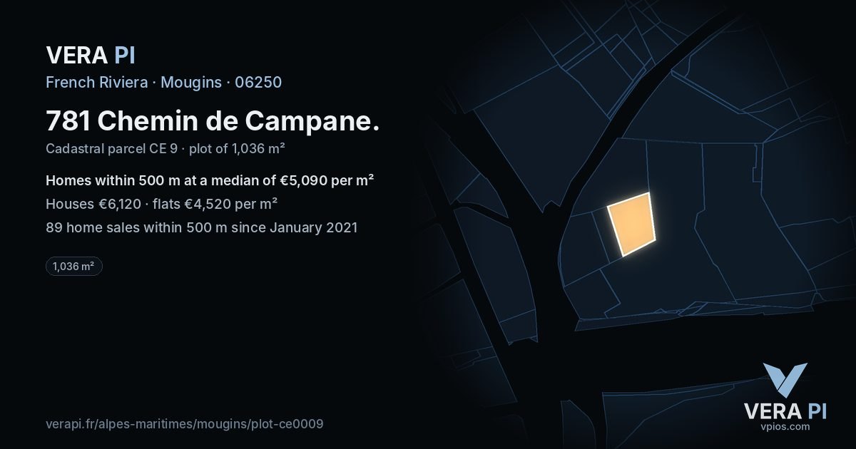 781 Chemin de Campane, Mougins at night – the plot lit, the parcels around coloured by the prices near them