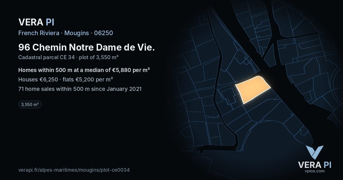 96 Chemin Notre Dame de Vie, Mougins at night – the plot lit, the parcels around coloured by the prices near them