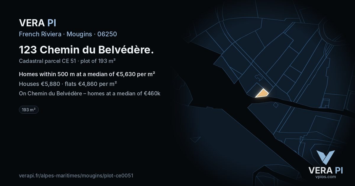 123 Chemin du Belvédère, Mougins at night – the plot lit, the parcels around coloured by the prices near them