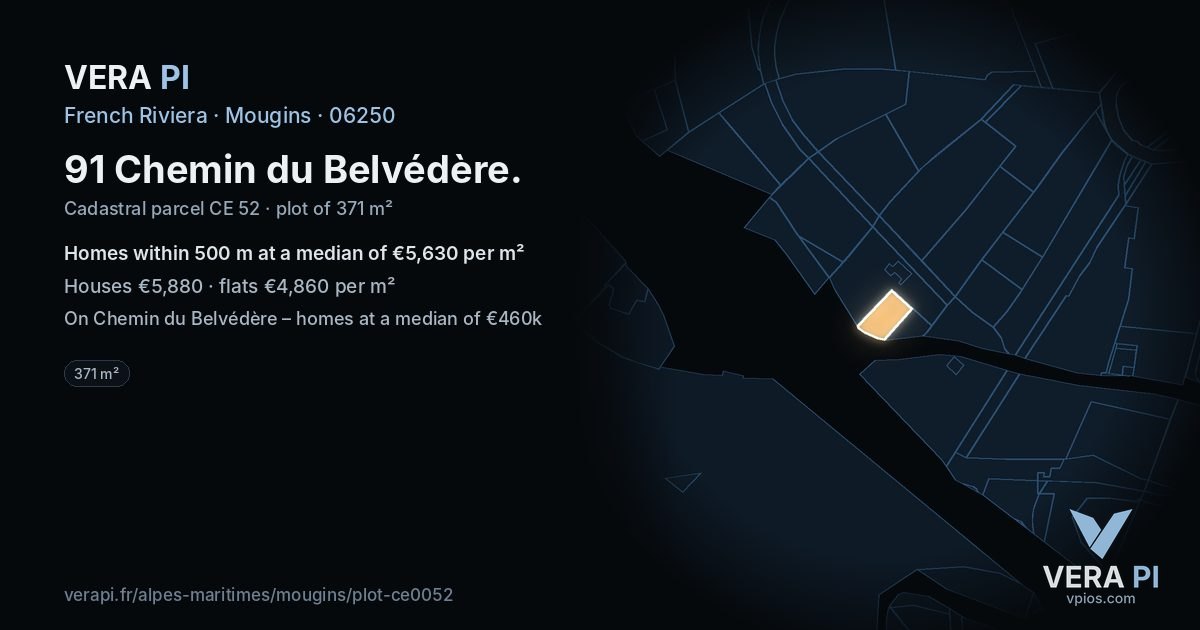 91 Chemin du Belvédère, Mougins at night – the plot lit, the parcels around coloured by the prices near them