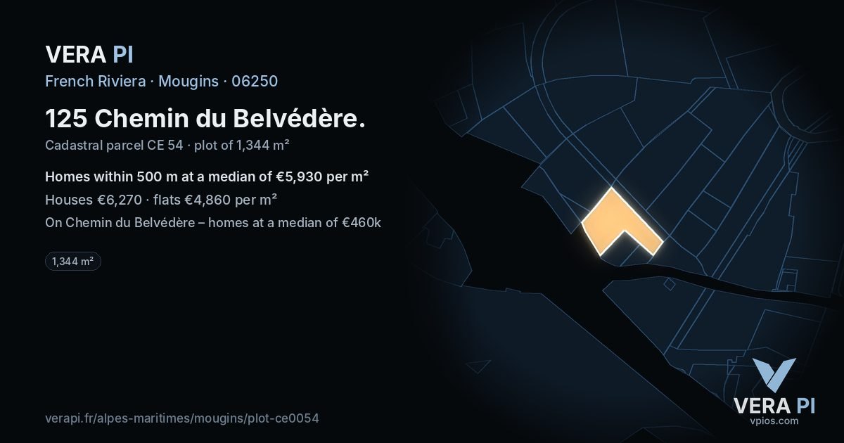125 Chemin du Belvédère, Mougins at night – the plot lit, the parcels around coloured by the prices near them