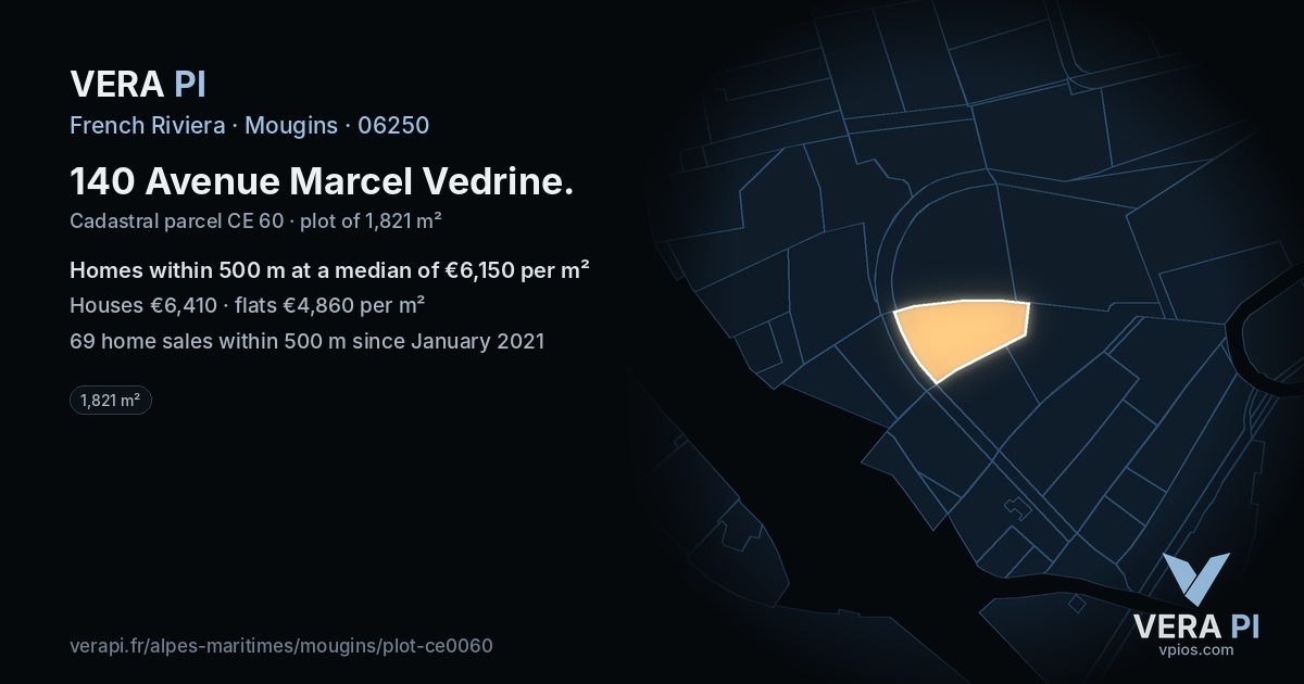 140 Avenue Marcel Vedrine, Mougins at night – the plot lit, the parcels around coloured by the prices near them