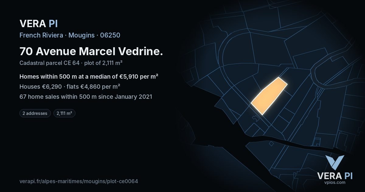 70 Avenue Marcel Vedrine, Mougins at night – the plot lit, the parcels around coloured by the prices near them