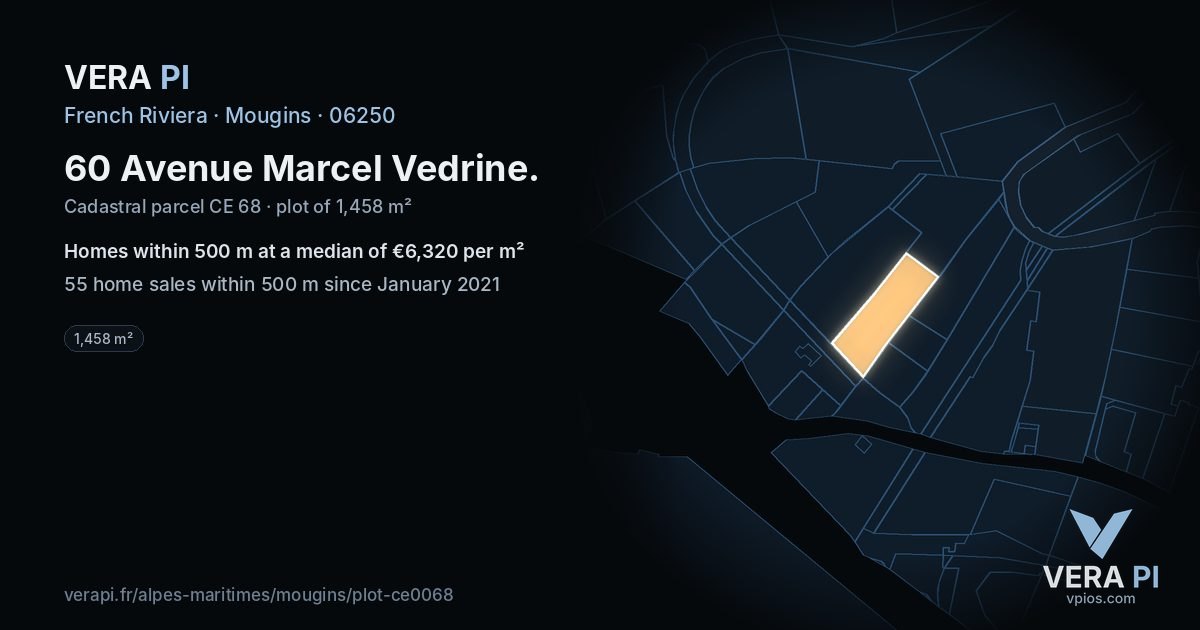 60 Avenue Marcel Vedrine, Mougins at night – the plot lit, the parcels around coloured by the prices near them