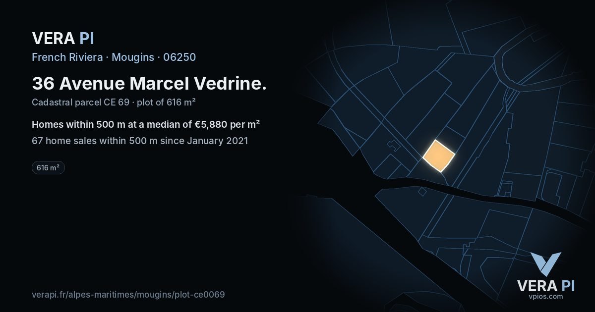 36 Avenue Marcel Vedrine, Mougins at night – the plot lit, the parcels around coloured by the prices near them