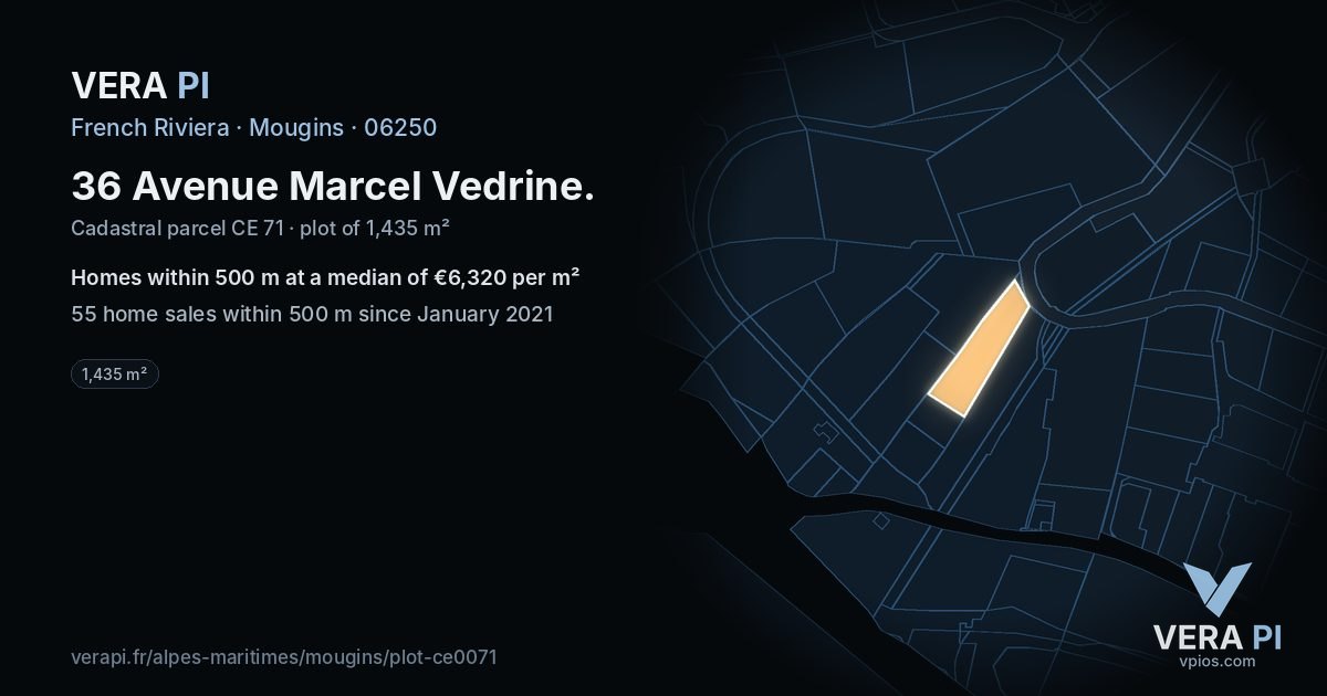 36 Avenue Marcel Vedrine, Mougins at night – the plot lit, the parcels around coloured by the prices near them