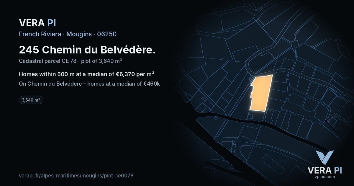245 Chemin du Belvédère, Mougins at night – the plot lit, the parcels around coloured by the prices near them