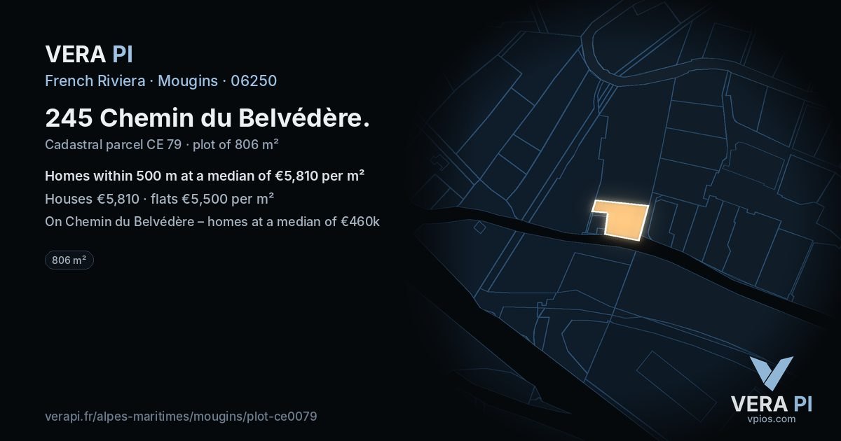 245 Chemin du Belvédère, Mougins at night – the plot lit, the parcels around coloured by the prices near them