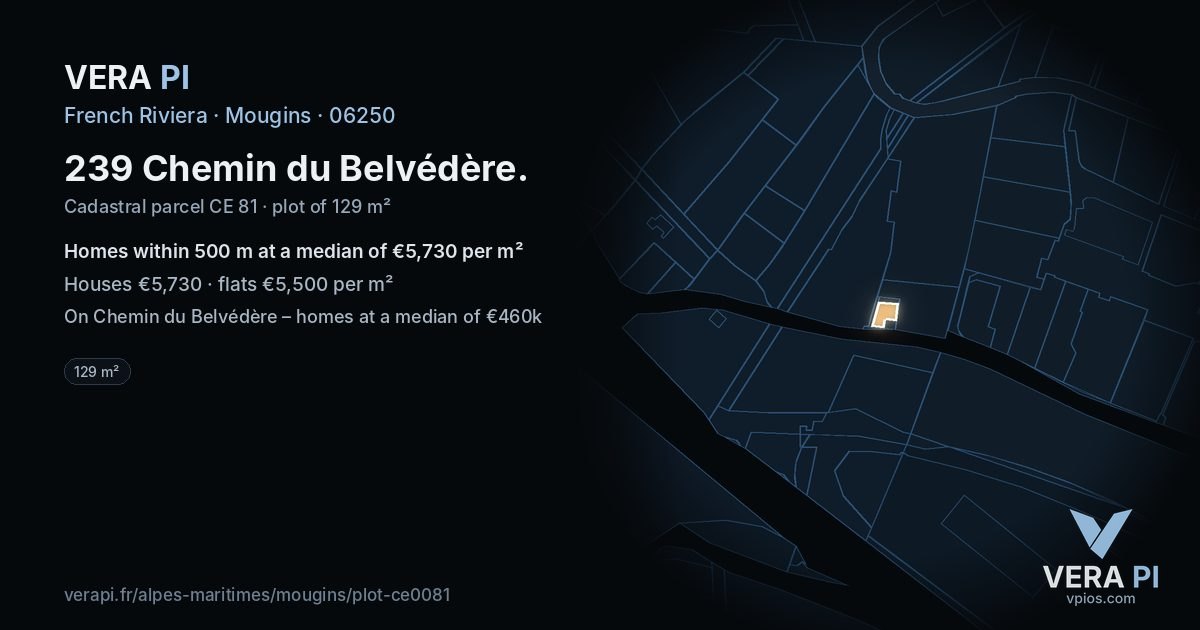 239 Chemin du Belvédère, Mougins at night – the plot lit, the parcels around coloured by the prices near them