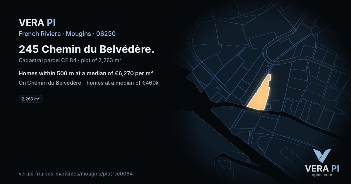 245 Chemin du Belvédère, Mougins at night – the plot lit, the parcels around coloured by the prices near them