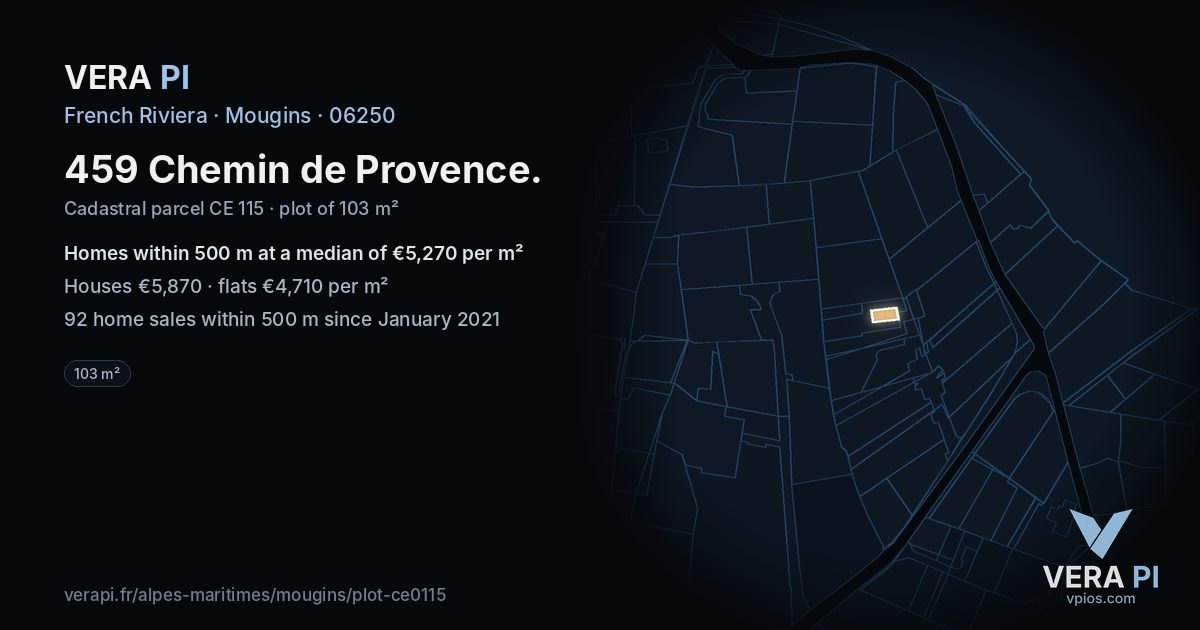 459 Chemin de Provence, Mougins at night – the plot lit, the parcels around coloured by the prices near them