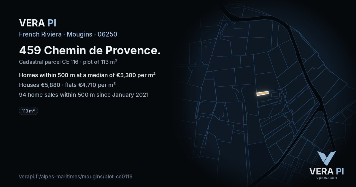 459 Chemin de Provence, Mougins at night – the plot lit, the parcels around coloured by the prices near them