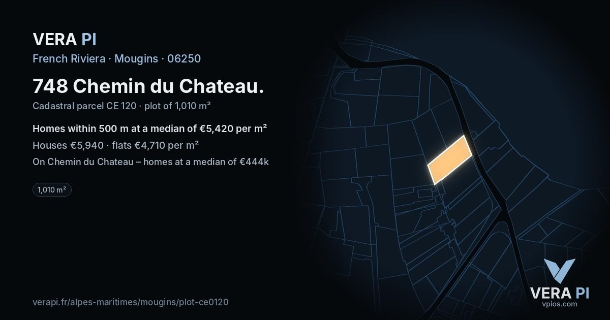 748 Chemin du Chateau, Mougins at night – the plot lit, the parcels around coloured by the prices near them