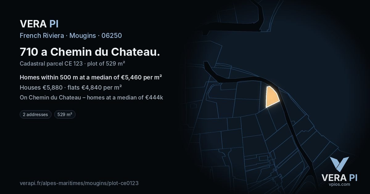 710 a Chemin du Chateau, Mougins at night – the plot lit, the parcels around coloured by the prices near them