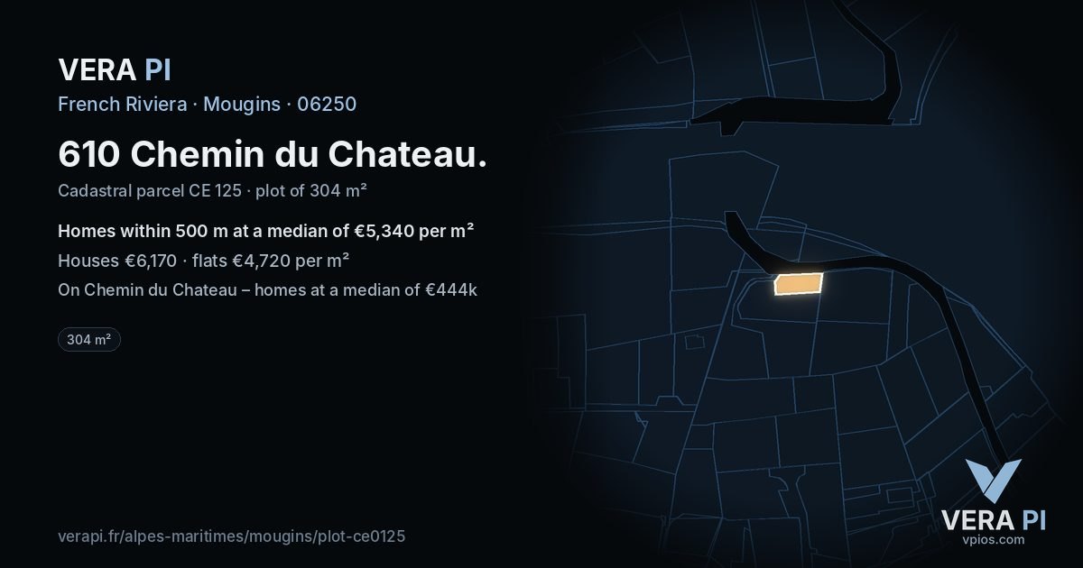 610 Chemin du Chateau, Mougins at night – the plot lit, the parcels around coloured by the prices near them
