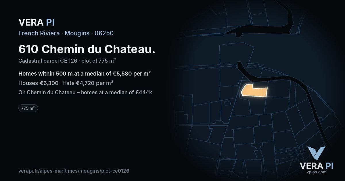 610 Chemin du Chateau, Mougins at night – the plot lit, the parcels around coloured by the prices near them