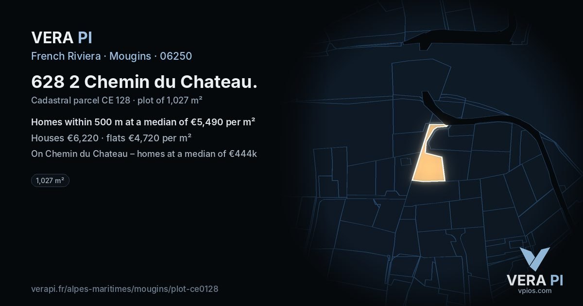 628 2 Chemin du Chateau, Mougins at night – the plot lit, the parcels around coloured by the prices near them