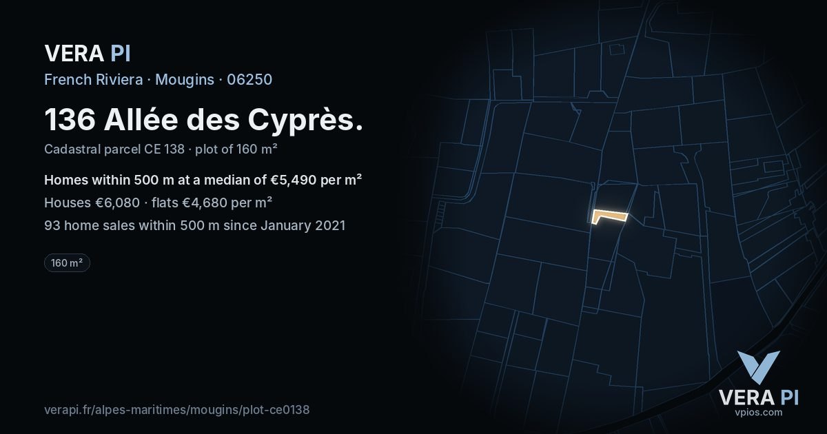 136 Allée des Cyprès, Mougins at night – the plot lit, the parcels around coloured by the prices near them