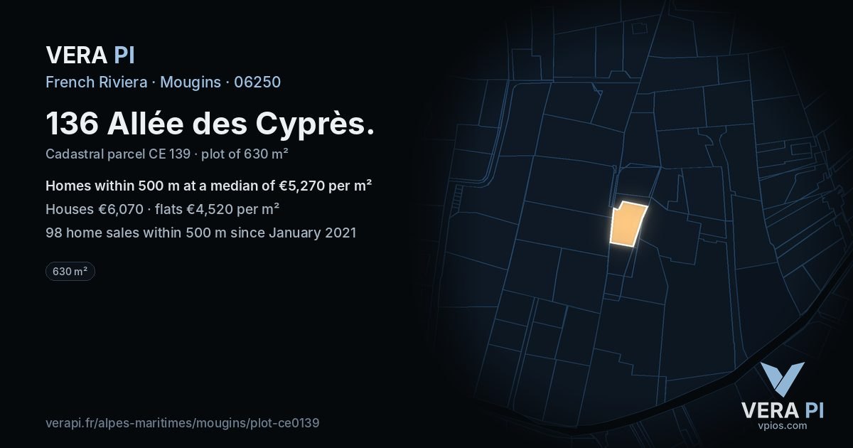 136 Allée des Cyprès, Mougins at night – the plot lit, the parcels around coloured by the prices near them