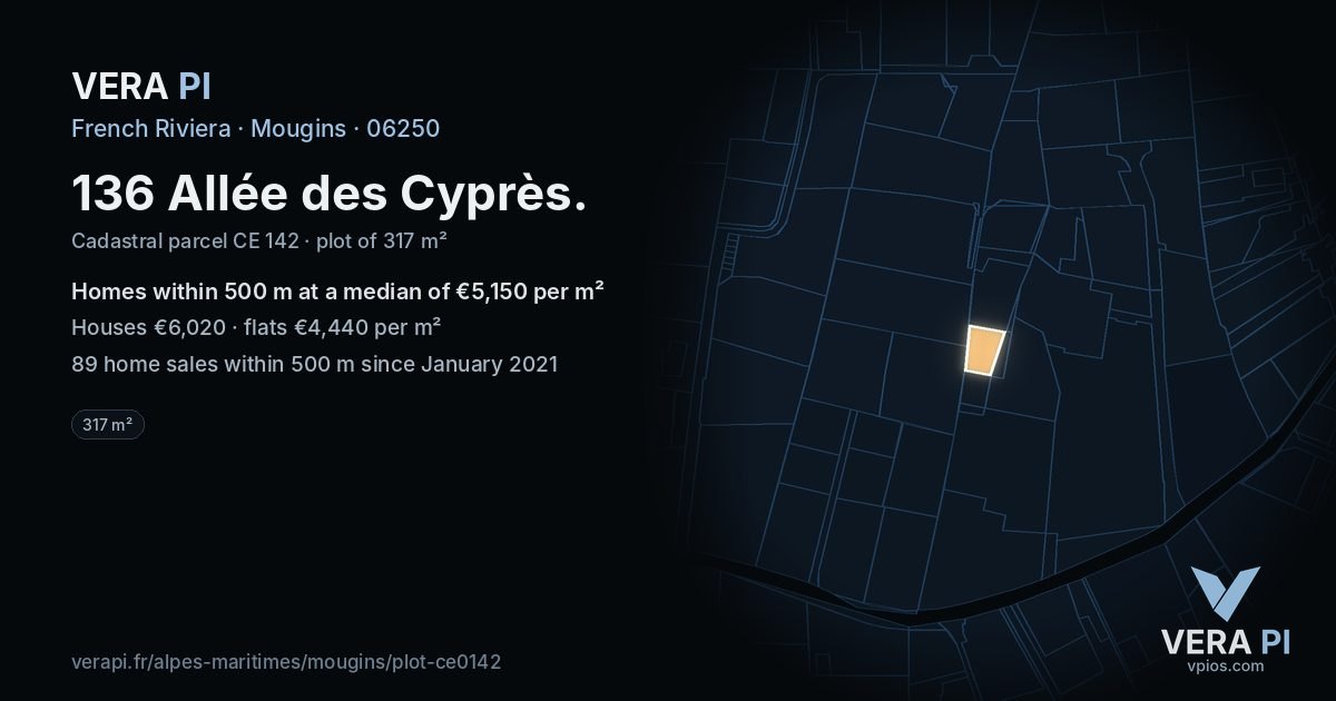 136 Allée des Cyprès, Mougins at night – the plot lit, the parcels around coloured by the prices near them