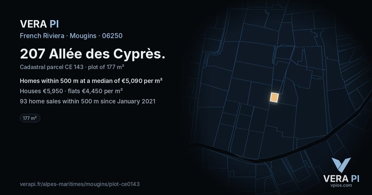207 Allée des Cyprès, Mougins at night – the plot lit, the parcels around coloured by the prices near them