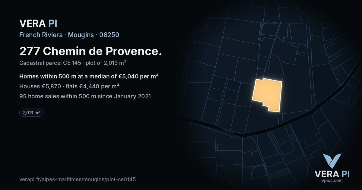 277 Chemin de Provence, Mougins at night – the plot lit, the parcels around coloured by the prices near them