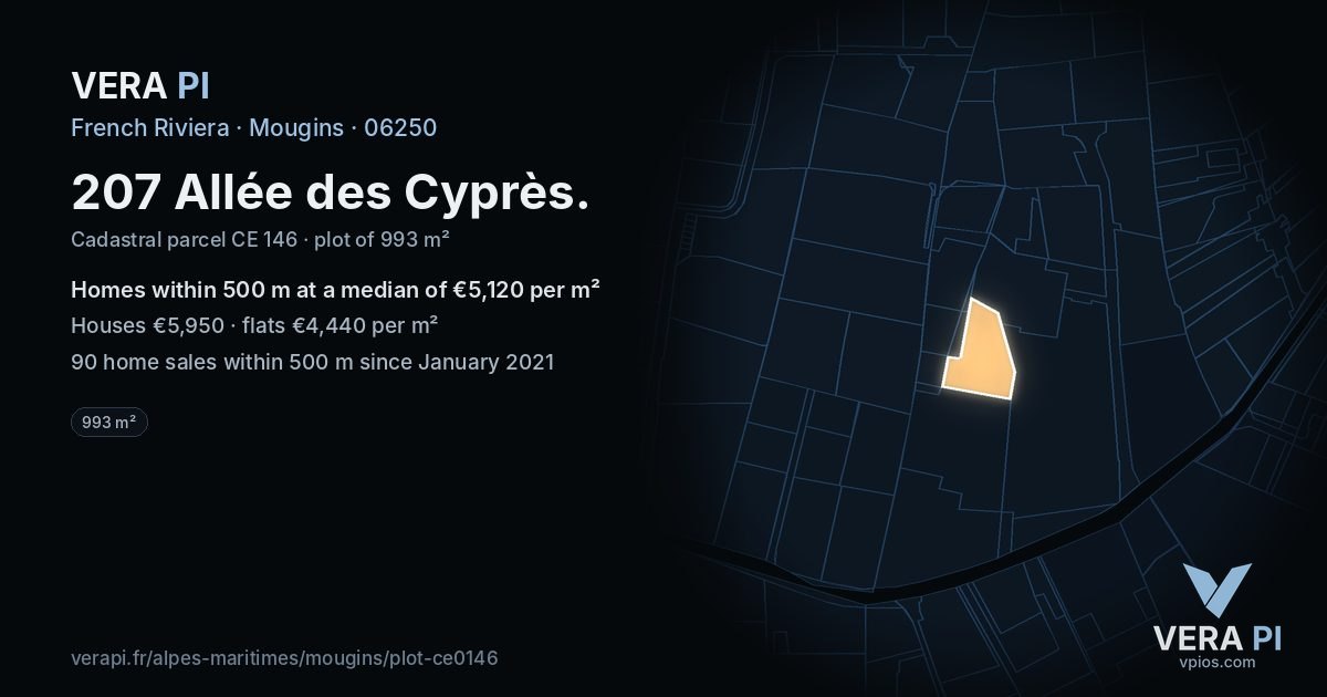 207 Allée des Cyprès, Mougins at night – the plot lit, the parcels around coloured by the prices near them