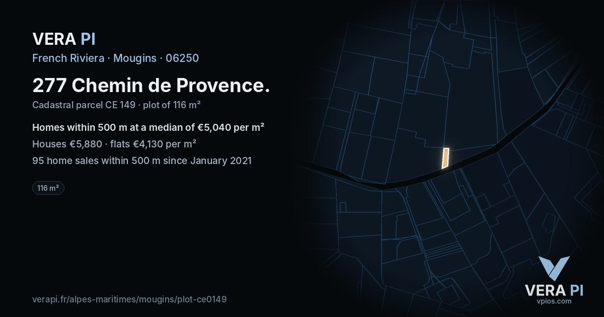 277 Chemin de Provence, Mougins at night – the plot lit, the parcels around coloured by the prices near them