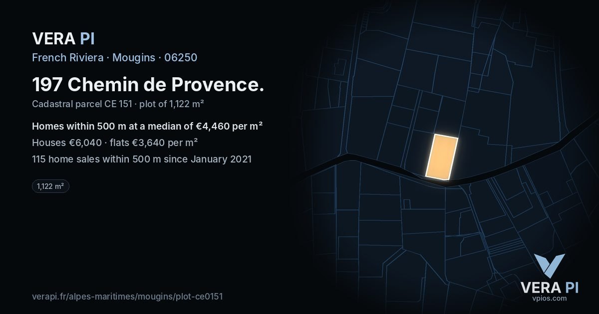 197 Chemin de Provence, Mougins at night – the plot lit, the parcels around coloured by the prices near them