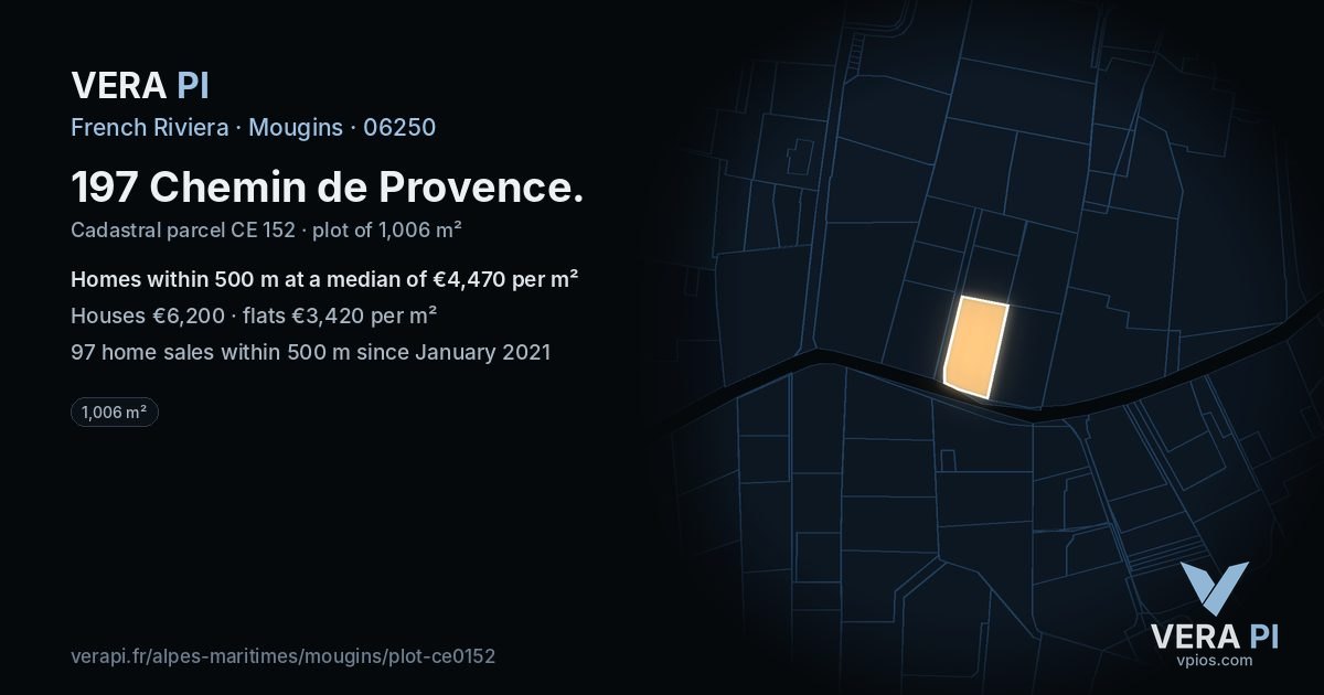 197 Chemin de Provence, Mougins at night – the plot lit, the parcels around coloured by the prices near them