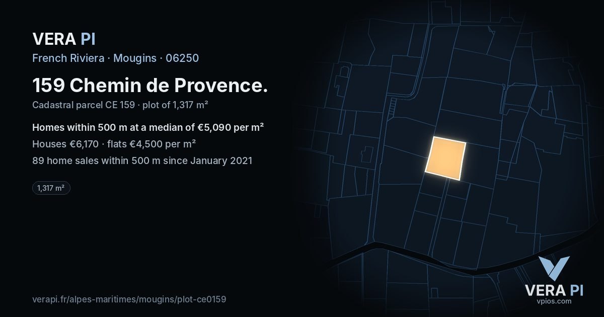 159 Chemin de Provence, Mougins at night – the plot lit, the parcels around coloured by the prices near them