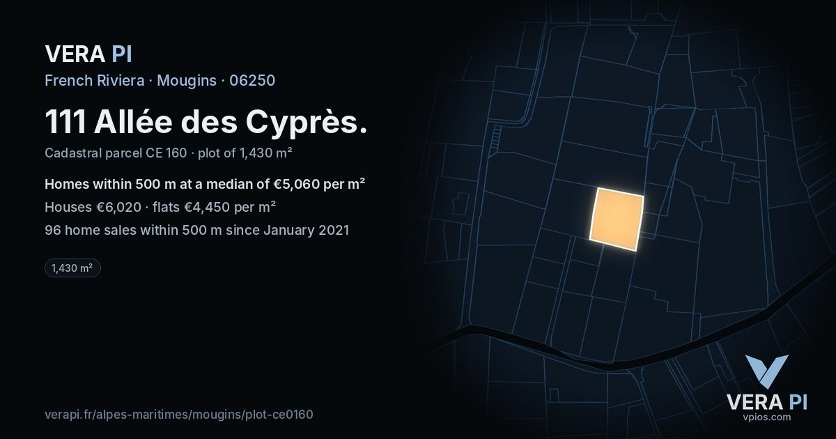 111 Allée des Cyprès, Mougins at night – the plot lit, the parcels around coloured by the prices near them