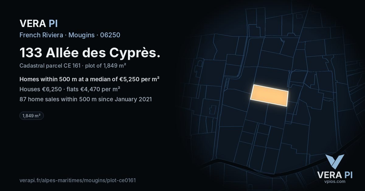 133 Allée des Cyprès, Mougins at night – the plot lit, the parcels around coloured by the prices near them