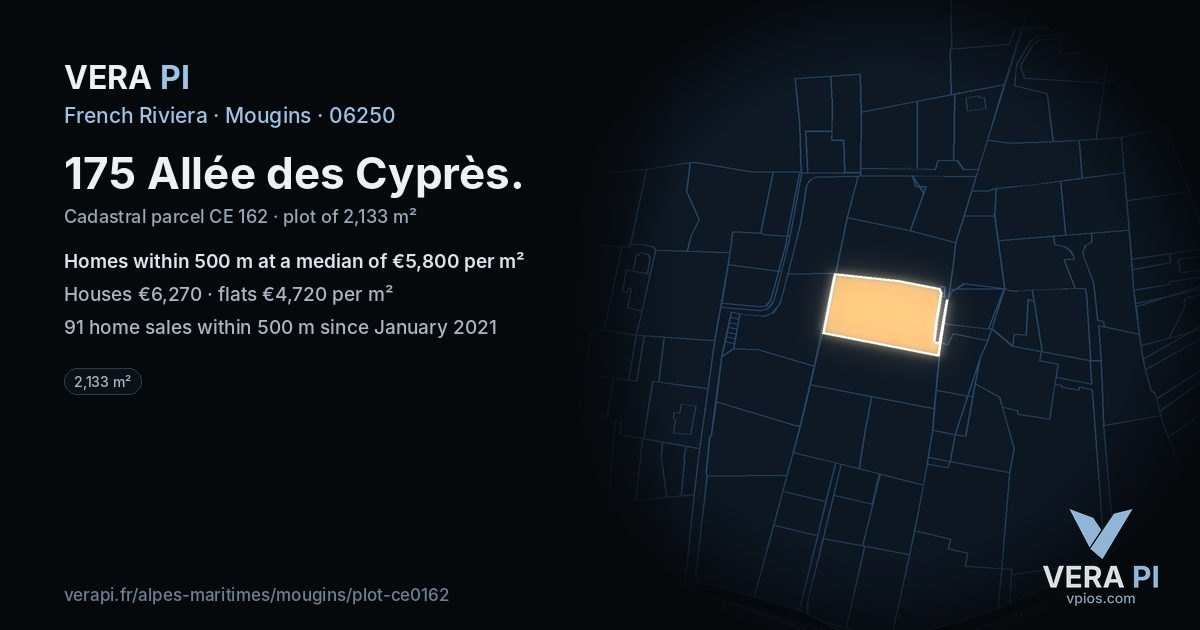 175 Allée des Cyprès, Mougins at night – the plot lit, the parcels around coloured by the prices near them