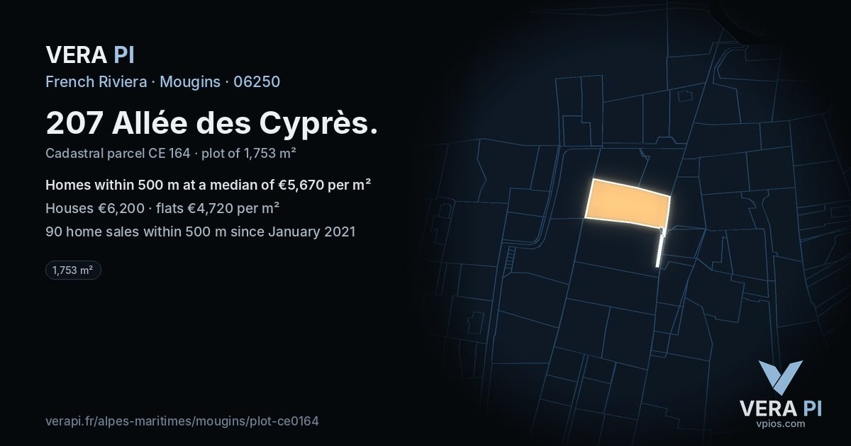 207 Allée des Cyprès, Mougins at night – the plot lit, the parcels around coloured by the prices near them