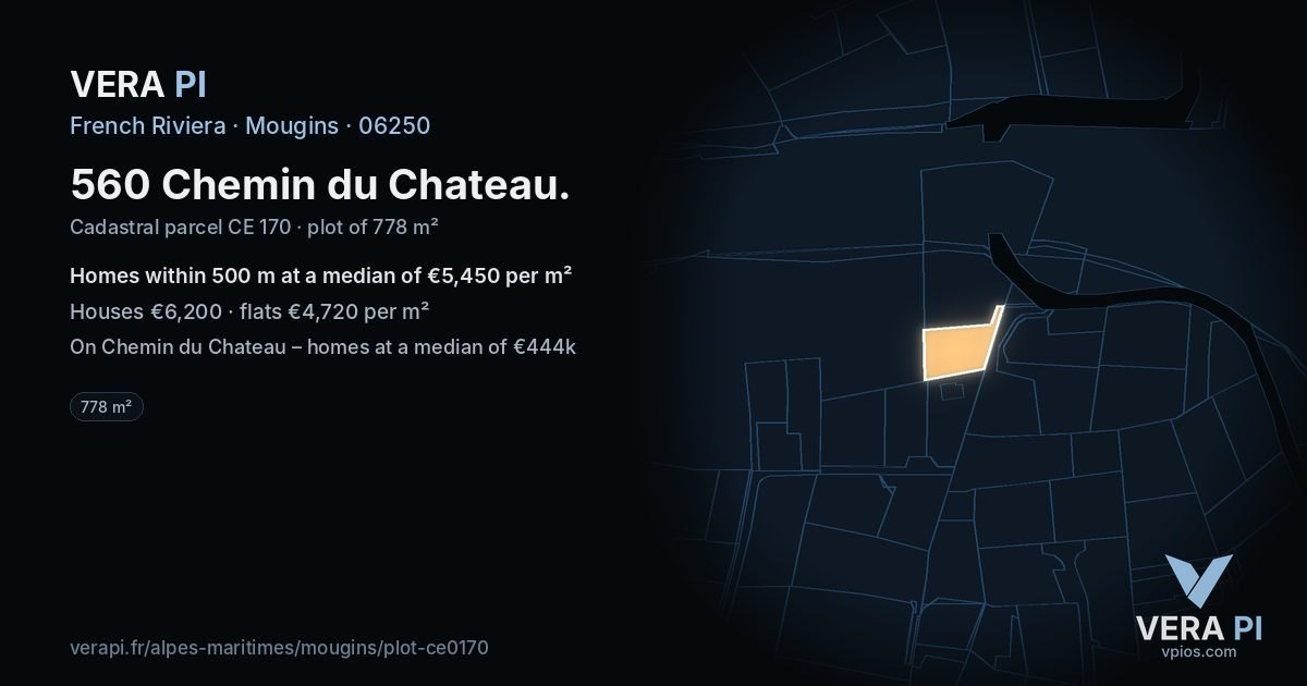 560 Chemin du Chateau, Mougins at night – the plot lit, the parcels around coloured by the prices near them