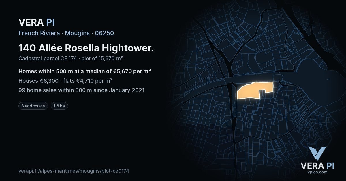140 Allée Rosella Hightower, Mougins at night – the plot lit, the parcels around coloured by the prices near them
