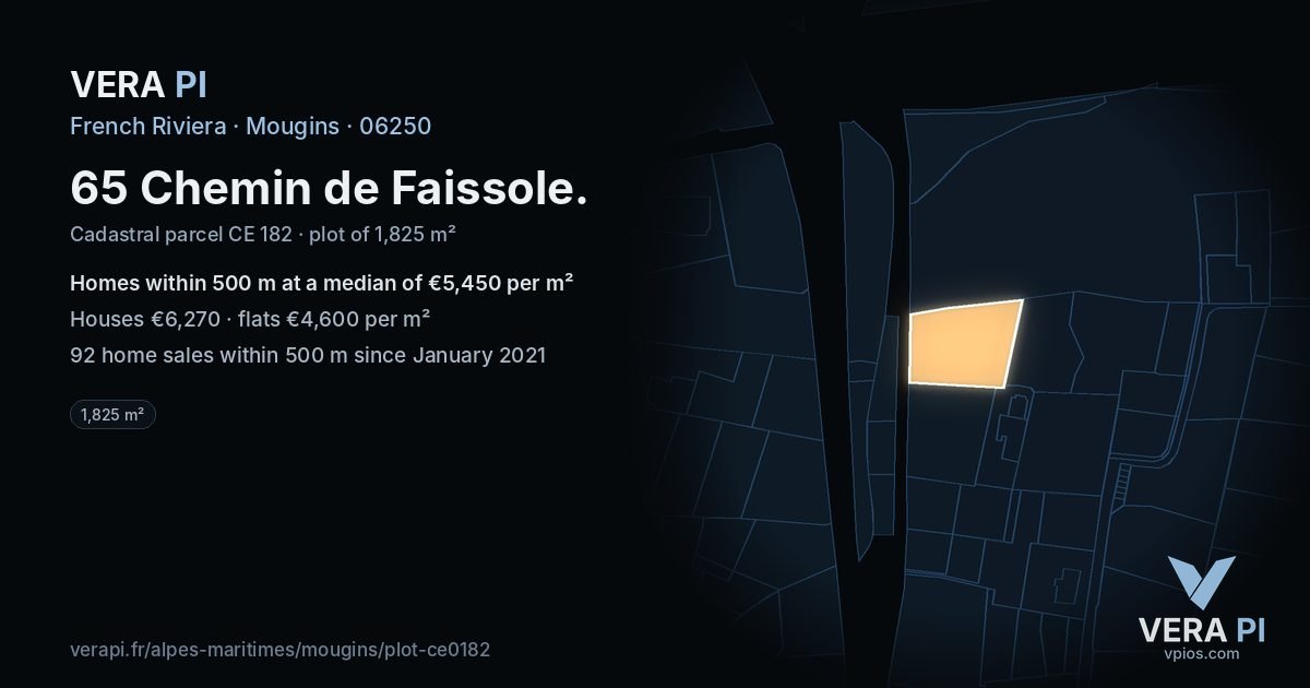 65 Chemin de Faissole, Mougins at night – the plot lit, the parcels around coloured by the prices near them