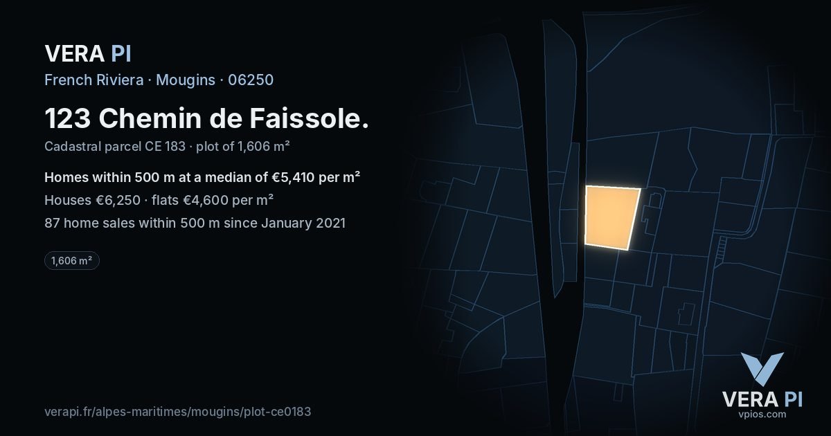 123 Chemin de Faissole, Mougins at night – the plot lit, the parcels around coloured by the prices near them